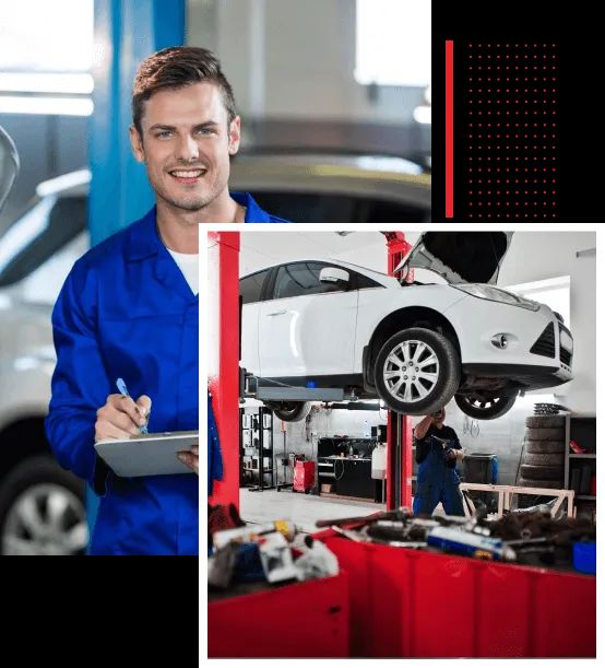 Technician and technician working on vehicle on a lift in a shop